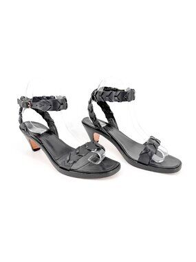 Hermes Vintage Woven Kitten Heel Sandals Black Leather Size 39 US 8.5 Women’s